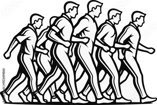 Six people in motion, a stylized depiction of movement and activity