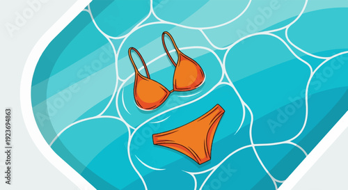 Orange bikini floats on bright blue water with white waves