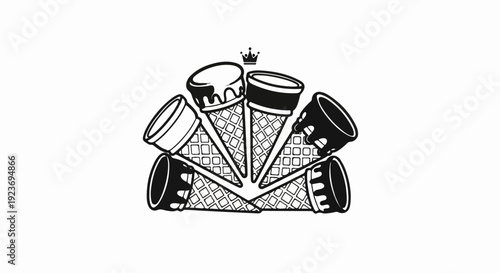 Six melting ice cream cones arranged in a semi-circle under a crown