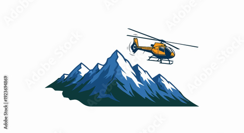 Orange helicopter flies over blue snowy mountains