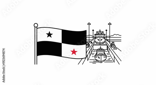 Panama flag waving near a canal with ships passing through