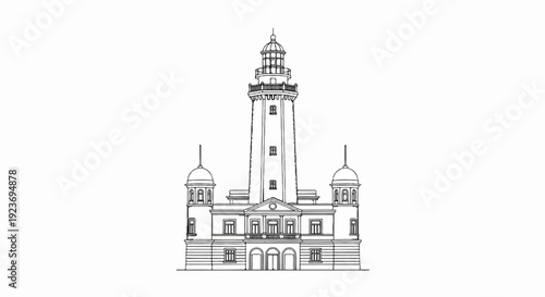 Ornate lighthouse with flanking domed structures and arched entrance