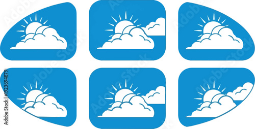 Six simplified icons show sun partially behind clouds on a blue background