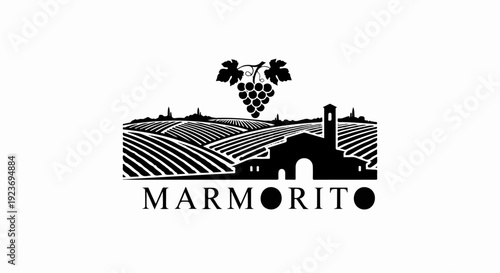 Rolling vineyards and buildings under a bunch of grapes