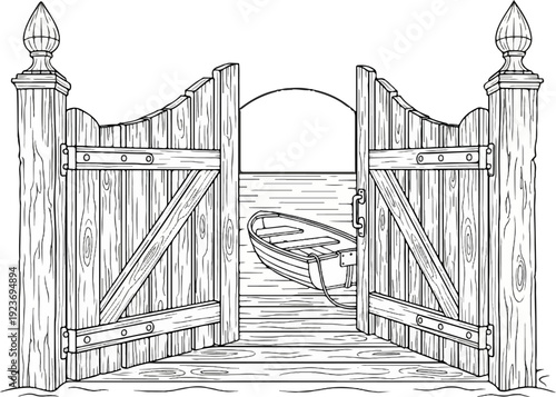 Open wooden gates reveal a small boat tied to a dock