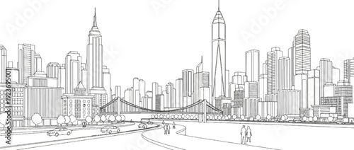 Panoramic sketch of a bustling city skyline with a prominent bridge and cars