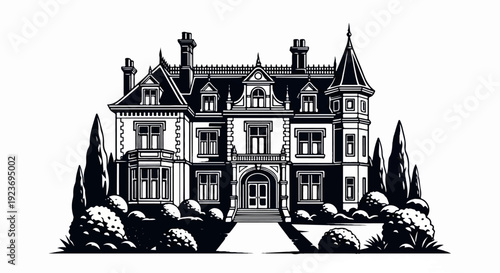 Ornate mansion with a steep roof, turrets, chimneys, and formal garden