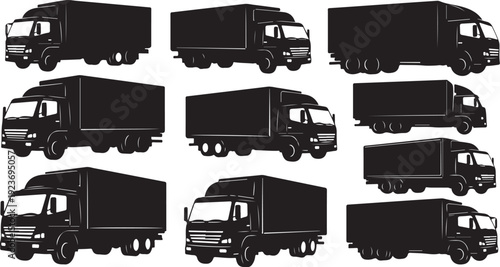 Collection of black truck silhouettes on white background various