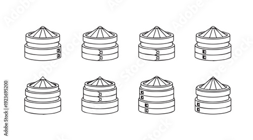 Bamboo Steamer Basket Set Clipart - Asian Food Cooking Utensil Line Art