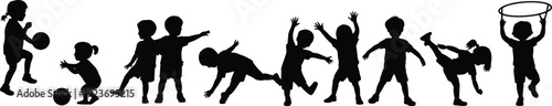 Silhouettes of children playing and exercising in various dynamic poses with a basketball and hoop
