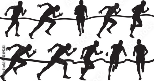 Silhouette of runners crossing finish line in various poses