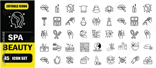 Beauty and Spa Line Icons Set - Editable Stroke Vector Illustration of Wellness Elements, Skincare Products, Massage Therapy, Facial Treatment, Manicure, Pedicure, Aromatherapy, Zen Lotus, Salon Equip