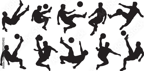 Silhouettes of soccer players in various kicking poses action