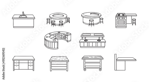 Bar Counter Icons, Kitchenette & Desk Line Art Collection