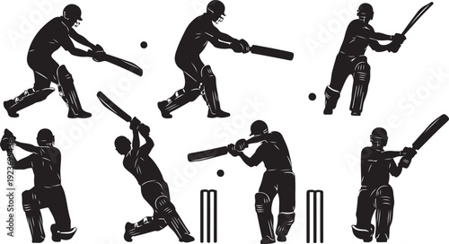 Cricket player in various batting poses with silhouette graphics