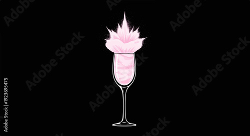 Pink fluffy treat erupts from a clear champagne glass on black