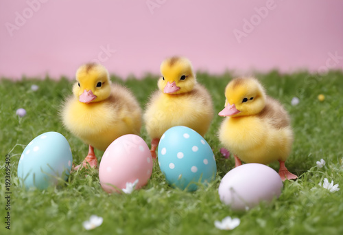 Easter colored eggs and ducklings