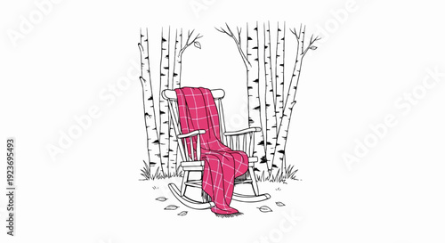 Rocking chair with pink blanket among birch trees