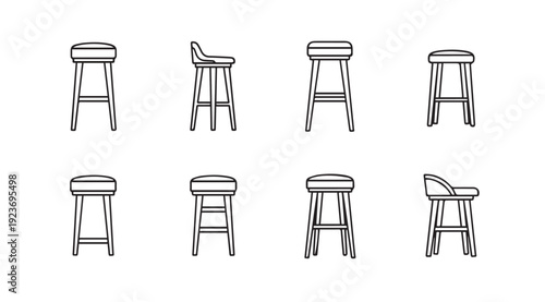 Bar Stools Collection with Variations in Design and Perspective - Line Art