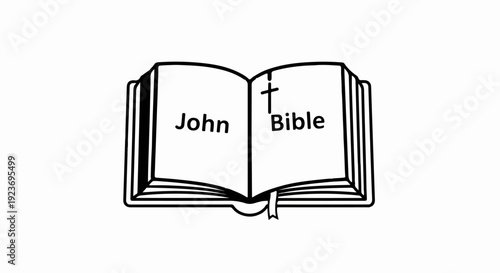 Open book with 'John' on the left page and 'Bible' with a cross on the right page
