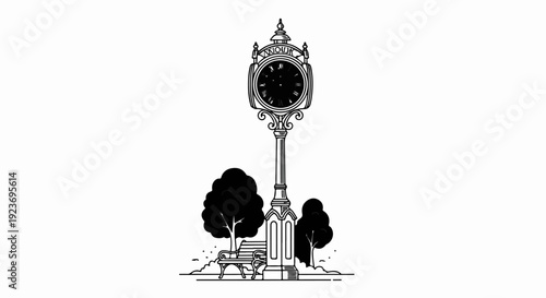 Ornate park clock with Roman numerals, bench, and trees