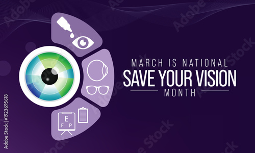 Save your vision month is observed every year in March, aims to increase awareness about good eye care and encourages people to get regular eye exams. Vector illustration
