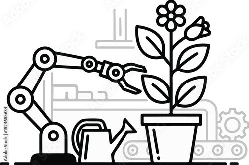 Robotic arm tends to a potted plant with a watering can nearby
