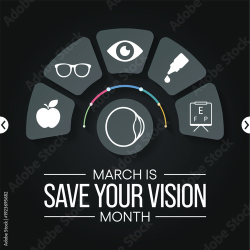Save your vision month is observed every year in March, aims to increase awareness about good eye care and encourages people to get regular eye exams. Vector illustration