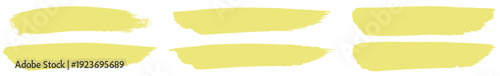Yellow paint brush stroke vector set, handdrawn marker highlight smears and banner strips isolated on transparent background