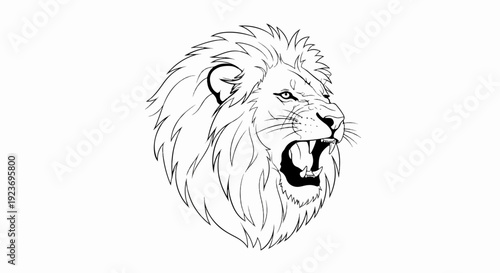 Roaring lion's head, sharp lines, black and white, fierce expression