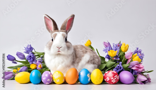 Easter colored eggs and rabbit on grey