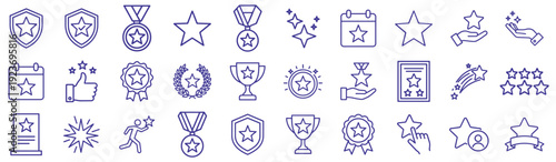  Star award and achievement outline icon set, medals, trophies, badges, shields and rating symbols isolated on transparent background