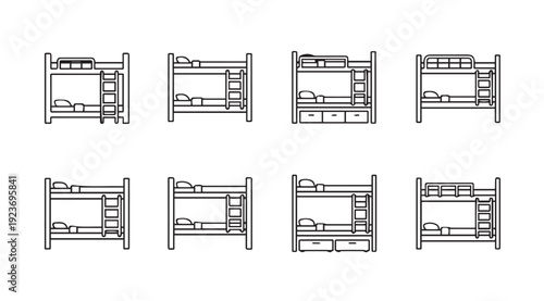 Bunk Bed Set Collection Line Art Icons, Various Styles, White Background, Stock Media
