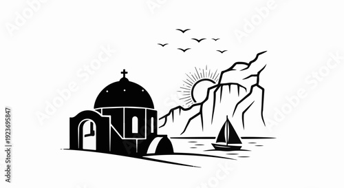 Silhouette of domed building by cliff, sun, birds, and sailboat on sea