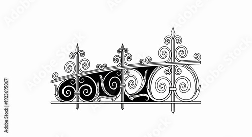 Ornate scrolled metalwork fence detail, black and white illustration