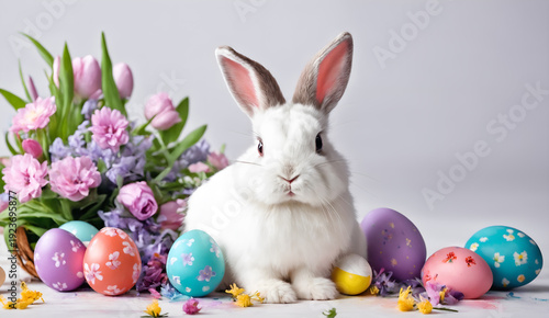Easter colored eggs and rabbit on grey