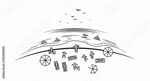 People relax and swim on a sunny beach with umbrellas and birds flying above