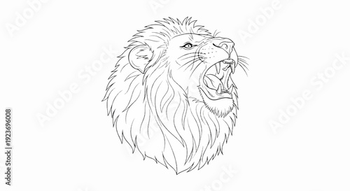 Roaring lion head with flowing mane, fierce expression, detailed drawing