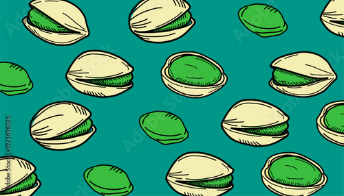 Pistachio nut seamless pattern hand drawn line art style for packaging. Nuts outline hand drawn background texture.