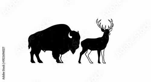 Silhouette of a bison and a deer stand side by side