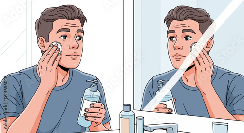 Person applying toner to face with cotton pad and bottle in bathroom