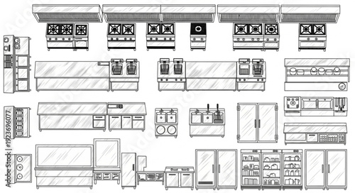 Detailed architectural blueprint of a commercial kitchen layout with various equipment.