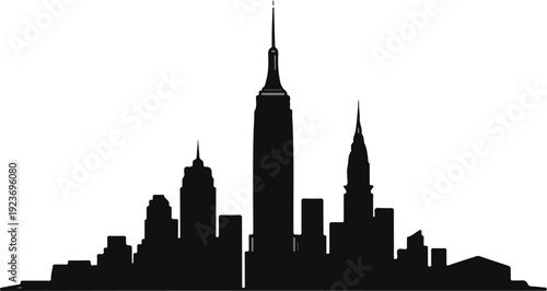 Silhouette of iconic tall buildings against a white background
