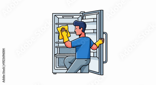 Person cleaning inside an open refrigerator with a yellow cloth