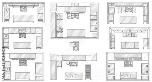 Architectural kitchen layouts showcasing various design concepts and arrangements for optimal functionality.