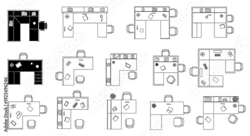 Office furniture layout designs with various desk and chair arrangements for workspace planning.