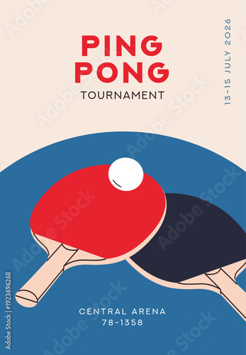 Ping pong poster design. Table tennis card, sport competition flyer with rackets and ball. Championship, tournament event with racquets, indoor match play. Flat vector illustration