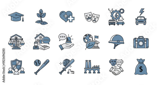 Collection of diverse blue toned icons representing various professions and concepts