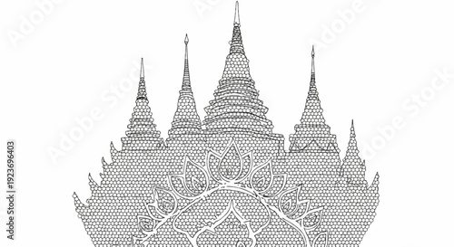 Ornate, tiered structures resembling stupas with intricate petal-like adornments