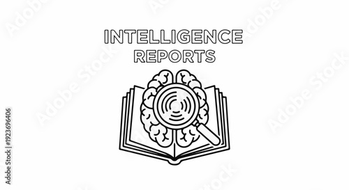 Open book with brain illustration and magnifying glass, text INTELLIGENCE REPORTS